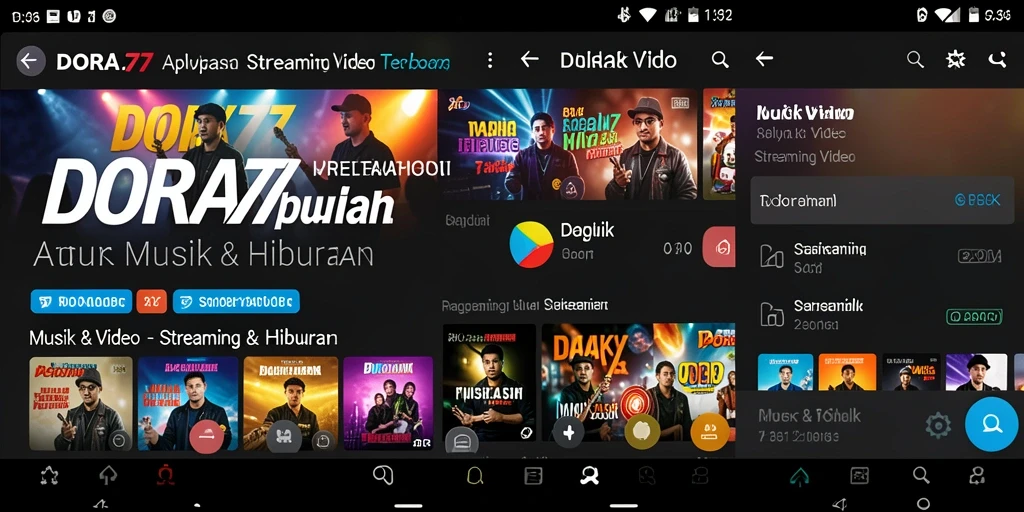 Antarmuka DORA77 yang menampilkan berbagai pilihan video musik dan konten menarik.