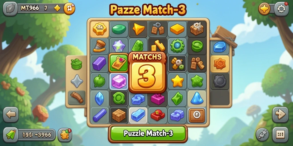Tampilan antarmuka game Puzzle Match-3 yang menarik dan interaktif.